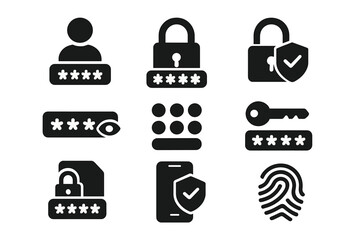 Password security icon set. Vector glyphs for login, 2FA, encryption, passcode, and fingerprint access. Cyber security, data protection, and user authentication concept.