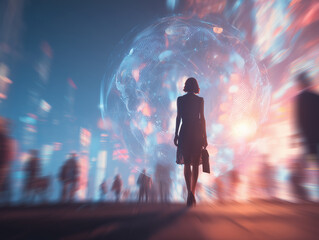 Businesswoman walking neon city digital globe futuristic silhouette confident urban commute evening glow