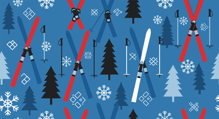 Winter scene with skis, trees, snowflakes, and poles on a blue backdrop