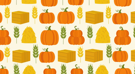Repeating pumpkins, hay bales, and wheat on beige