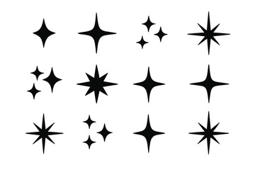 Sparkle star icon collection. Twinkling black stars vector set. Shining star symbols with transparent background. Bright sparkle shapes for design, decoration, cosmic, magic, light effects.