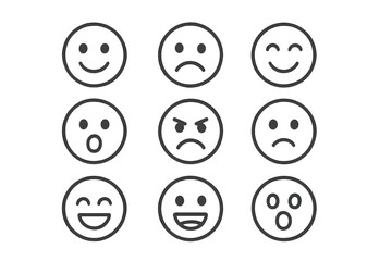 Fototapeta premium Smiley Face Line Icon Set with Happy, Sad, Smiling, Surprised, Angry, Relaxed, Confused, Laughing, Excited, Shocked Emoticons, Simple Outline Vector Expression Faces Collection