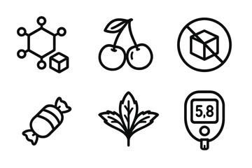 Sugar and Sweeteners Icon Set with Glucose Molecule, Fructose, Stevia Leaves, Sugar-Free Symbol, Candy, and Glucometer Vector Illustration with Transparent Background, Healthy Nutrition Concept
