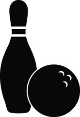 Black silhouette of a bowling ball and pin isolated on white background