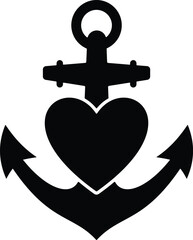Black silhouette of a heart inside an anchor isolated on white background © FF