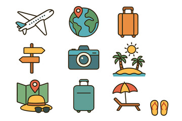 Travel icon set for summer vacations and holiday symbols, vector illustration collection of travel, tourism, summer beach elements with airplane, luggage, camera, map, island, sun, and sunglasses