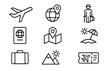 Travel icon outline set including airplane, tourism, passport, navigation, suitcase, trip, ticket, holiday symbols, vector line icons collection, travel essentials vector illustration