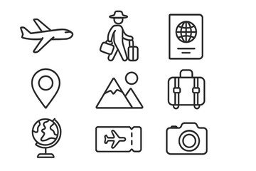 Travel icon outline set with airplane, tourism, passport, navigation, holiday, suitcase, trip ticket, globe, mountain, and camera vector line icons collection for travel and vacation