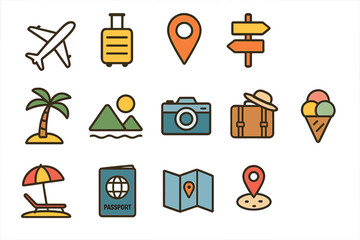Travel icon set summer vacations holiday symbols collection. Vector illustrations with airplane, suitcase, location pins, palm tree, camera, beach, passport, map, ice cream, and directional signs