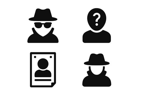 Set of Unknown Icons Including Incognito Spy, Missing Person Silhouette, Wanted Poster, and Lost Anonymous Figures in Solid Black Vector Illustration with Transparent Background