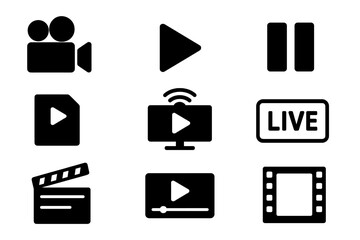 Video icon set with camera, play, pause, media player, online streaming, live broadcast, production clapperboard, movie and cinema symbols, solid vector collection illustration