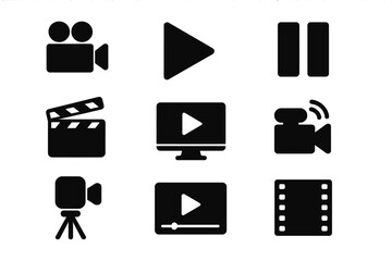 Video icon set with camera, play, pause, media player, online video, live streaming, production, movie, cinema, digital media controls, solid black vector collection for multimedia and entertainment