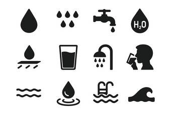Water icon set with droplets, rain, tap faucet, H2O symbol, waterproof, glass of water, shower head, drinking water, pool ladder, waves, and ocean wave solid vector illustrations