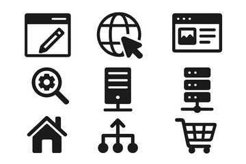 Website icon set with web design, internet, content management, SEO, hosting, server, homepage, e-commerce shopping cart, and digital marketing icons, solid black vector illustration collection