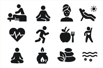 Wellness icon set including massage, yoga, spa, relaxation, health monitoring, exercise, diet, wellbeing, meditation, aromatherapy, natural therapy, fitness, and holistic care vector collection