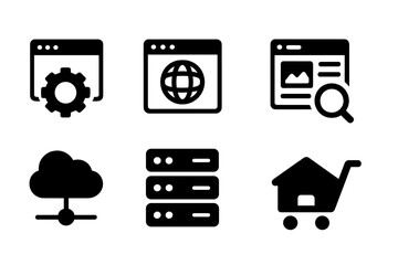 Website icon set with web design, internet, content, SEO, hosting, server, homepage, e-commerce, solid vector icons, internet technology and online store symbols collection