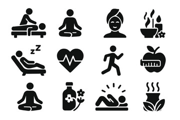 Wellness icon set with massage, yoga, spa, relaxation, health, exercise, diet, wellbeing, meditation, aromatherapy, fitness, self-care solid vector collection