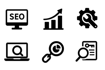 SEO icon set, search engine optimization collection for business and marketing, traffic growth, ranking analytics, optimization tools, link and keyword concept icons, solid vector
