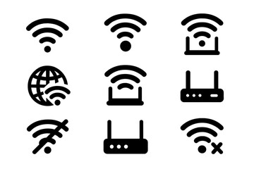 Wifi icon set with online, signal, wireless, internet, hotspot, offline, router symbols, network connectivity, wireless communication, technology concepts