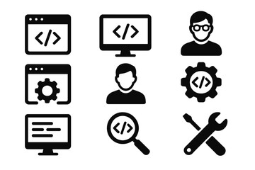 Programming and coding icon set. Software development collection with programmer and developer symbols, coding window, gear, magnifying glass, tools, and computer interface. Vector illustration.