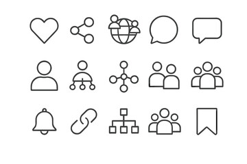 Social media outline icon set, including like, share, network, comment, profile, connection, friends, and networking icons, minimal line vector collection for digital communication