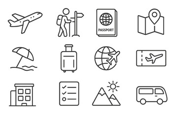 Travel outline icon set with airplane, tourism symbols, passport, navigation map, holiday beach umbrella, suitcase, globe trip, ticket, hotel, checklist, mountain sun, and van vector illustration