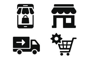 Shopping icon set for online store, delivery truck, promotion, and shopping cart with settings symbol. Modern solid vector icons collection for e-commerce, retail, and digital marketing concepts.