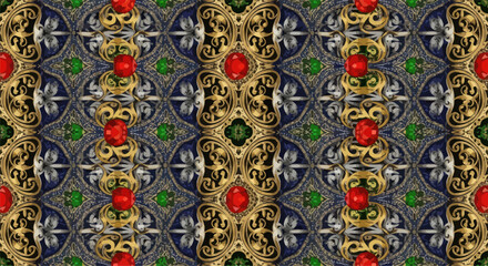 Ornate pattern gold scrollwork, blue filigree, red/green gems