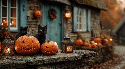 Vintage Happy Halloween postcard style retro colors jack-o-lanterns black cats spooky text space illustration aesthetic