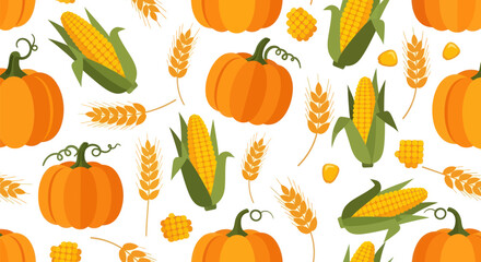 Autumn harvest pattern pumpkins, corn on the cob, and wheat on white