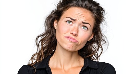 A woman with long hair is looking at the camera with a frown on her face. She is wearing a black shirt and she is in a serious or contemplative mood