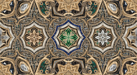 Intricate mosaic pattern featuring star-shaped motifs in gold, white, green and blue