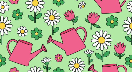 Floral & watering can pattern, light green background, cartoon style