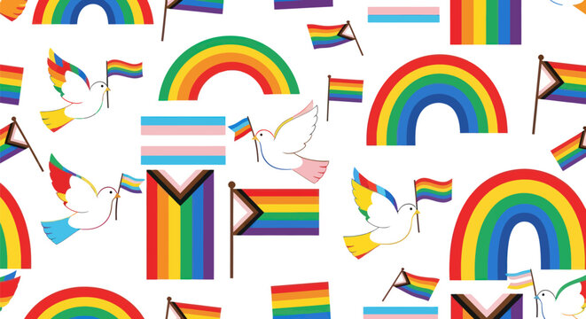 Colorful seamless pattern with pride flags, doves, and rainbows on white