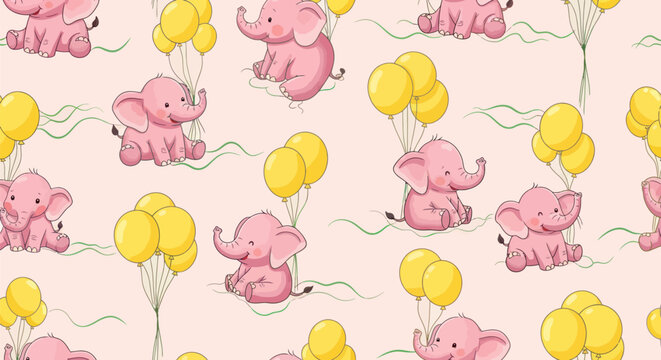 Seamless pattern of pink elephants with yellow balloons on light pink