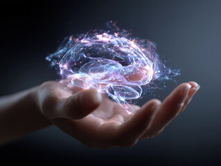 Glowing holographic brain floating above human palm, futuristic neural network visualization with luminous synapses and emotional wonder