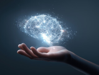 Human hand holding glowing holographic brain network, futuristic AI concept with spark and light energy