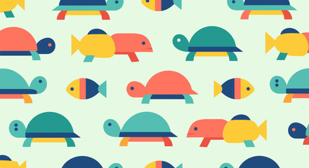 Colorful flat vector pattern of turtles and fish on a light green background