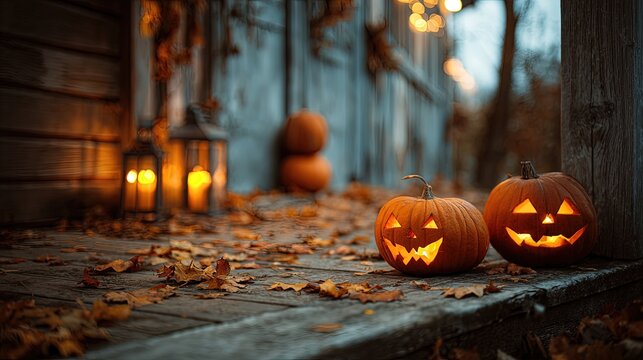 Halloween pumpkin lanterns glowing on rustic wooden porch autumn leaves scattered cozy seasonal photography background - Powered by Adobe
