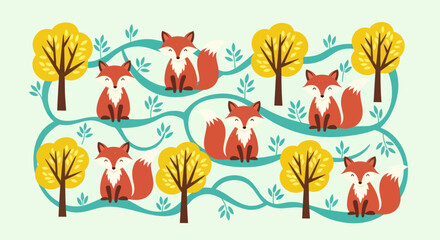 Fox cartoon pattern with trees and branches, warm color scheme
