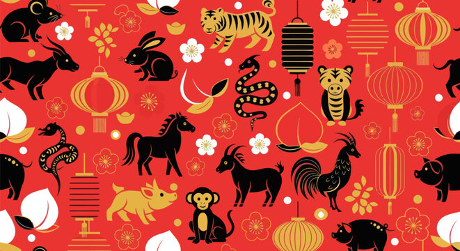 Red seamless pattern with zodiac animals, lanterns, gold on red
