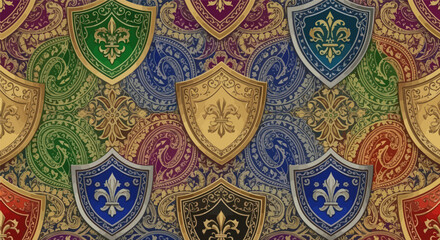 Shields with fleurs-de-lis layered on paisley background