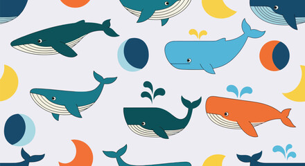 Colorful whale pattern with moon-shaped elements on a light background