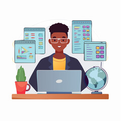 Fototapeta premium Young professional working at desk with data and devices