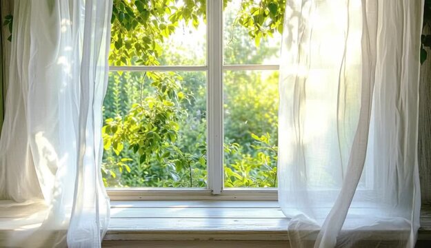 A bright and airy scene featuring an open white-framed window with sheer white curtains gently flowing in a soft breeze. The background shows a sunlit garden with vibrant green foliage glowing under