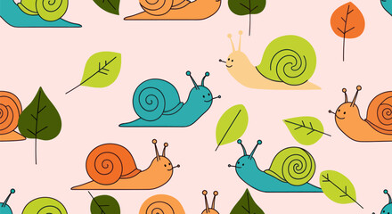 Cheerful snail pattern, various colors and leaves on pale pink background