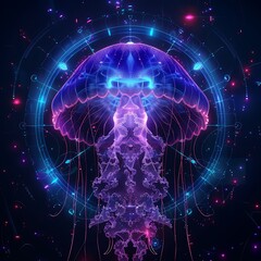 Luminous jellyfish floats in a celestial sea of stars and interconnected circuits