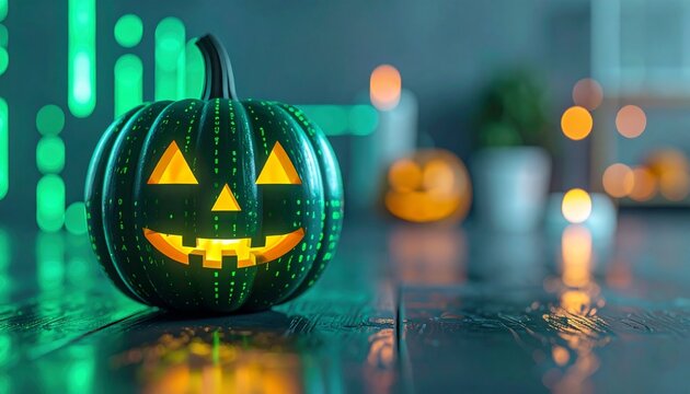Innovative Halloween with photographic and realistic and striking aesthetic featuring bioluminescent code patterns rendered with depth of field and muted palette