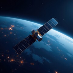 Satellite in space above Earth with solar panels and glowing city lights below