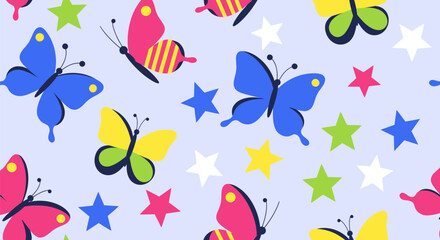 Colorful pattern of flat butterflies and stars on a light purple background